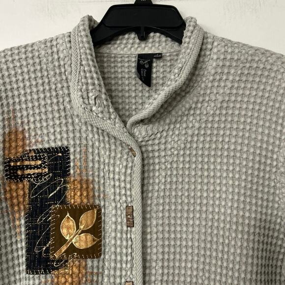 Focus Casual Life Gray Cotton Waffle Knit Embroidered Painted Cardigan Sweater S - Picture 6 of 12